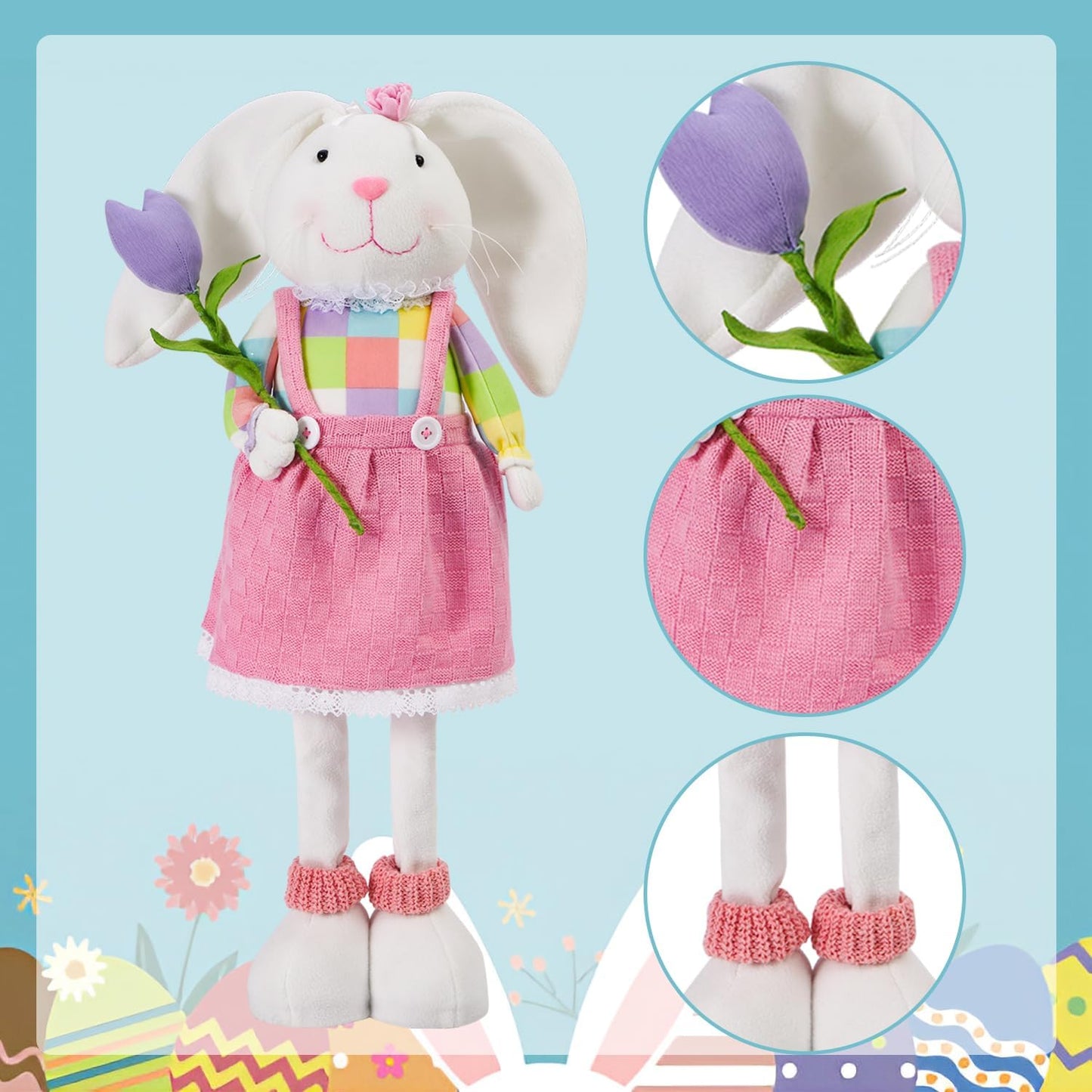 Skiennix Standing Easter Bunny Decor - Plush Gnome Figurine with Stretchable Legs | Cute Pink Spring Decoration for Home and Office
