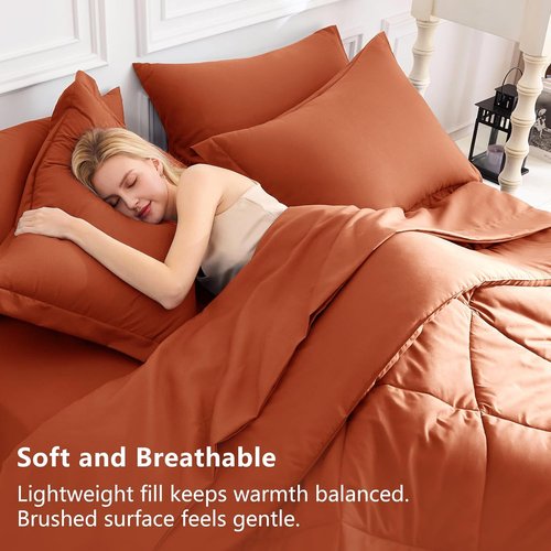 CozyLux Queen Comforter Set - Luxury Soft 7-Piece Bed in a Bag in Burnt Orange for All Seasons