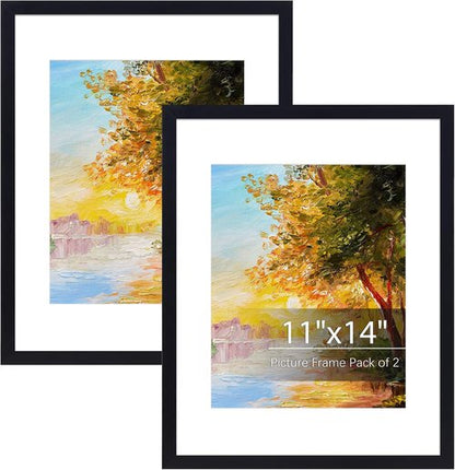 Fixwal 11x14 Picture Frame Set of 2 - Black Photo Frames for Wall & Tabletop Display | Includes Mats for 8x10 Photos
