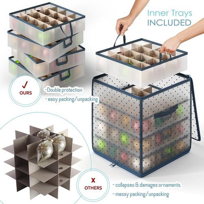 Hearth & Harbor Christmas Ornament Storage Box - Holds 64 Ornaments with 4 Inner Tray Dividers