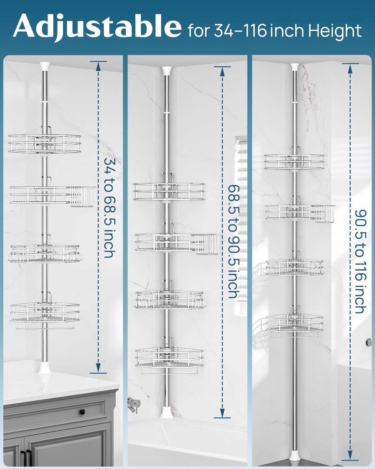 SEIRIONE Corner Shower Caddy - Rust-Free Tension Pole Organizer | 4-Tier Adjustable Shelf, Fits 34-116 Inch Height, Silver