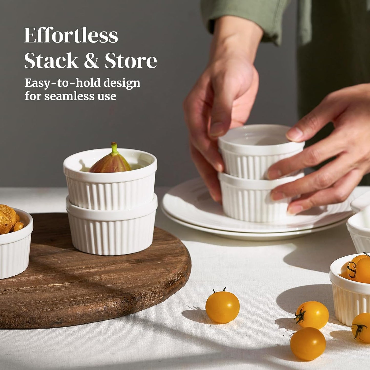 DOWAN Ramekins - 4 oz Oven Safe Porcelain Custard Cups for Baking | Set of 6 Soft White Bowls