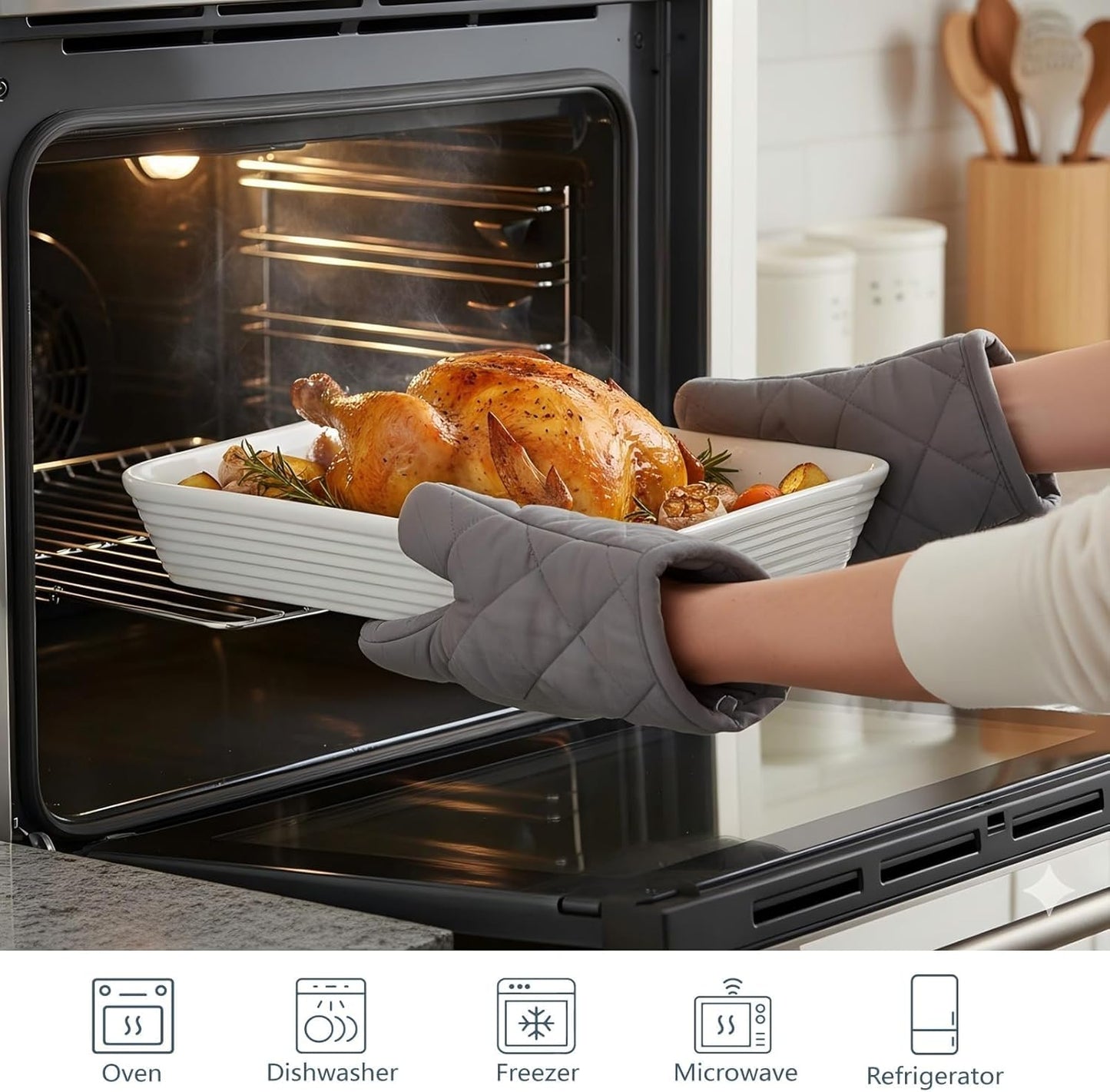 ONEMORE Baking Dishes Set - Large 9x13 Rectangular Ceramic Casserole Dishes with Roasting Racks | 3QT, 2.1QT, 1.3QT