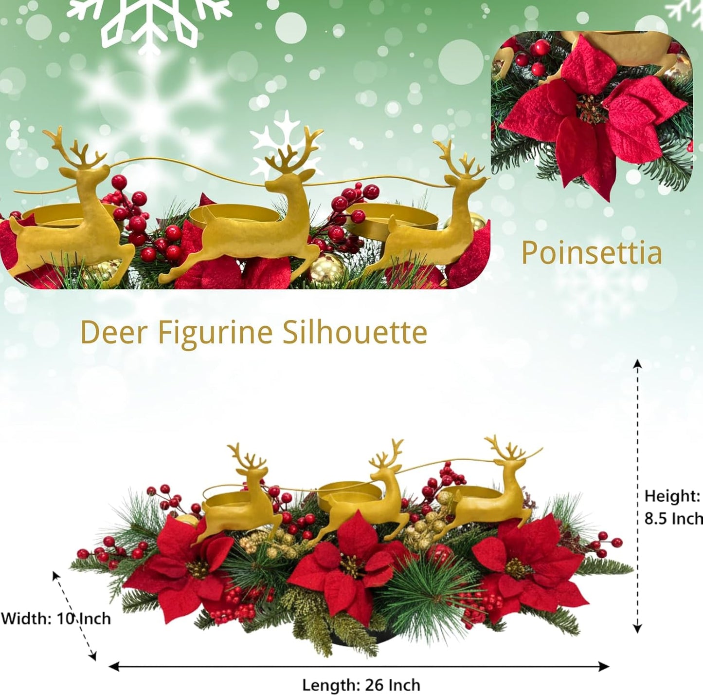 Skiennix Christmas Poinsettia Candle Holder - Elegant Table Centerpiece with Metal Deer & Red Berries