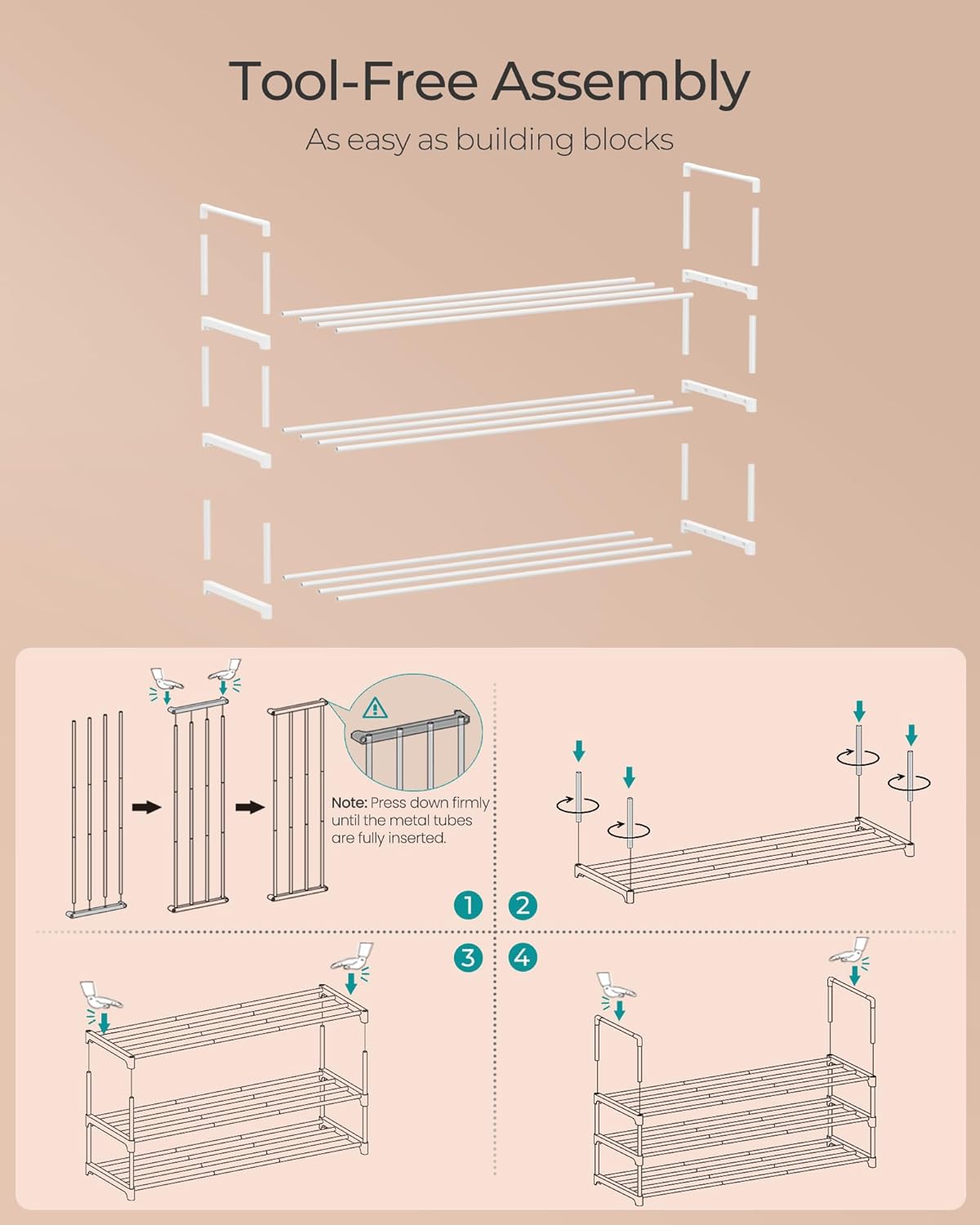 SONGMICS 3-Tier Shoe Rack - Stackable Metal Organizer for 16-20 Pairs | Pearl White, 11.8 x 36.2 x 21.7 Inches