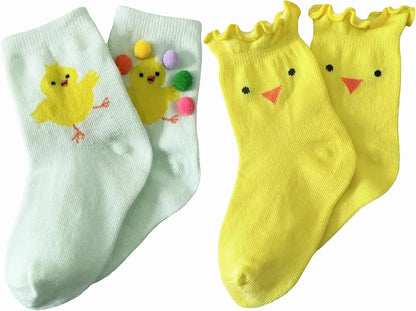 Skiennix Girls' Cozy Cotton Crew Socks - Fun Ruffle Design in Yellow Chick for Ages 3-8 Years
