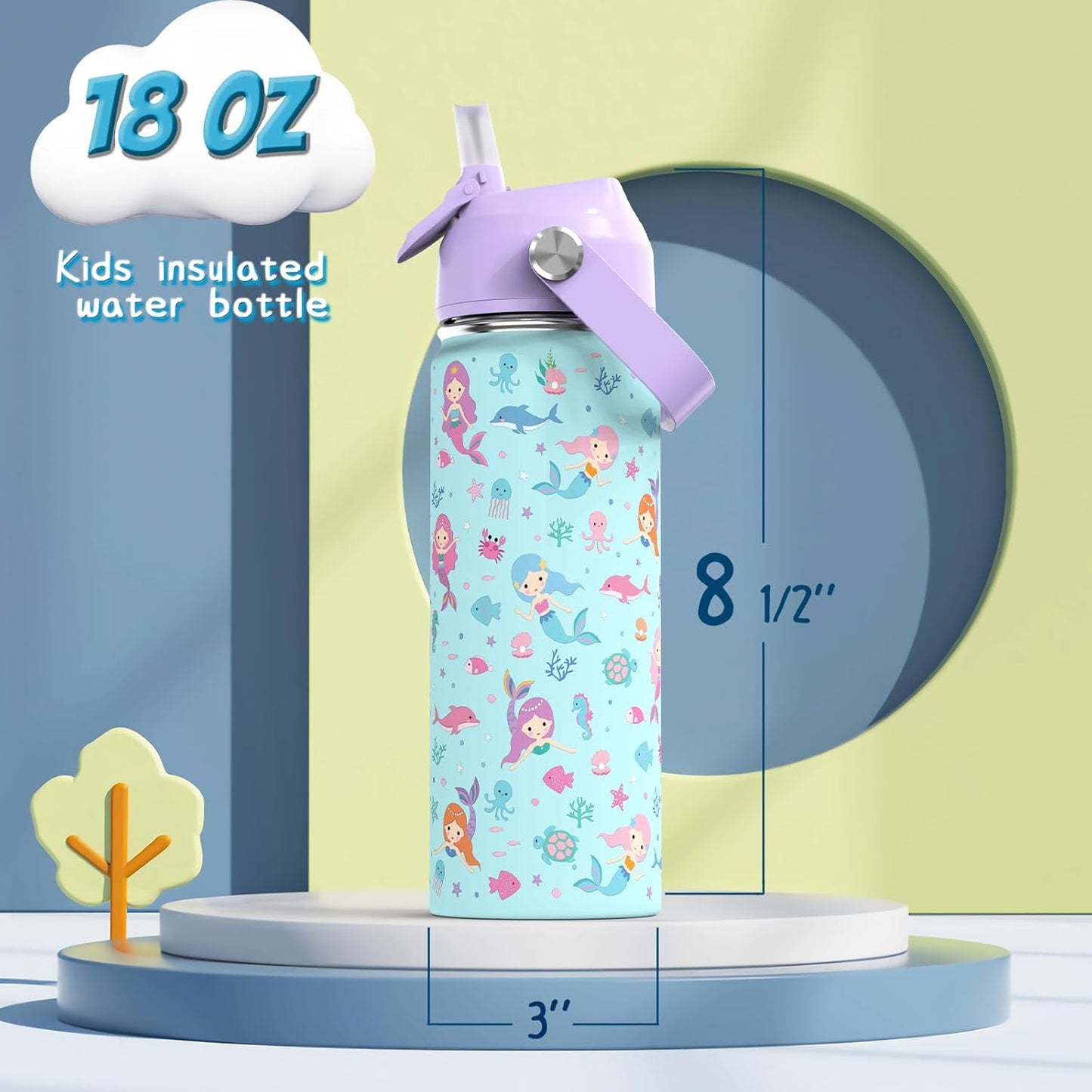Skiennix 18oz Kids Insulated Water Bottle - BPA-Free Stainless Steel, Leak-Proof Design, Purple Mermaid