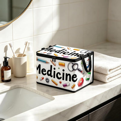 Medicine Print Storage Bin with Lid and Handles, 25x35cm - White, for Pills & Small First Aid Supplies