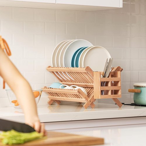HBlife Bamboo Dish Rack - 2-Tier Collapsible Drainer with Utensil Holder Set | Space-Saving Design