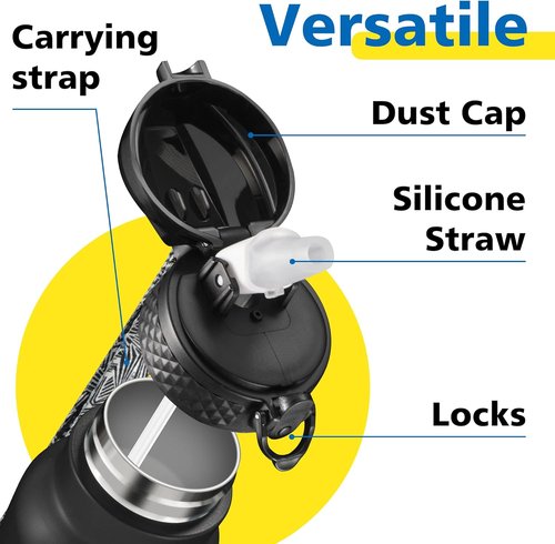 Han's Bottle Sports Water Bottle - 24 Oz Vacuum Insulated, Leak Proof Straw Lid - Black Stainless Steel
