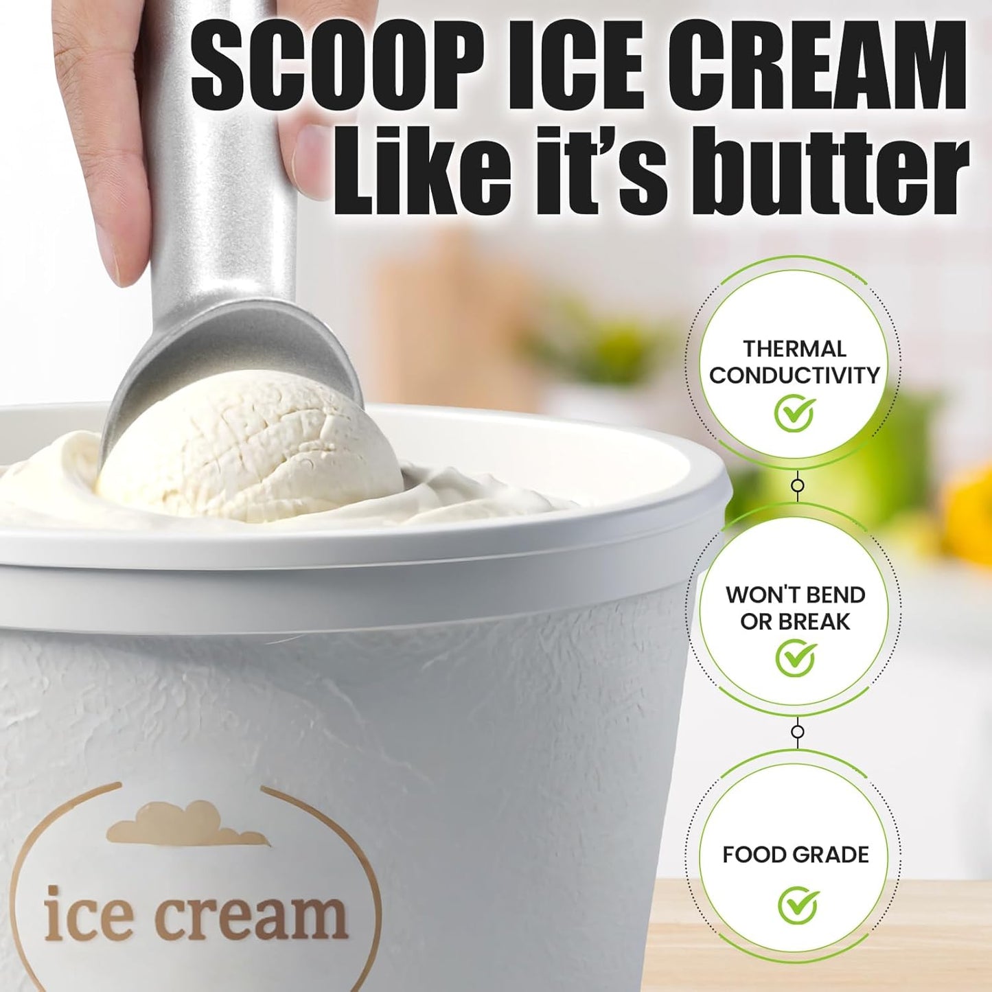 Skiennix 7-Inch Ice Cream Scoop - Nonstick Aluminum Professional Spoon - Durable & Easy to Clean - Silver