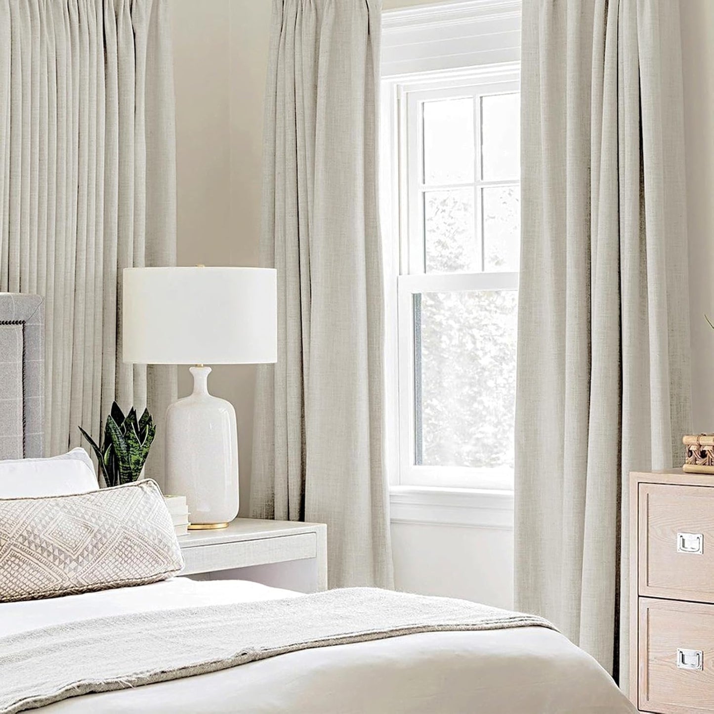MIULEE 90-Inch Linen Texture Curtains - Light Cream 100% Blackout Thermal Insulated Drapes | 52x90 Inch (2 Panels)