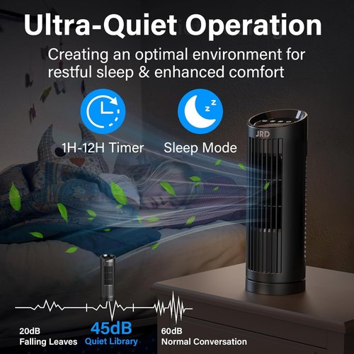 JRD 13'' Tower Fan for Bedroom, Quiet Cooling Fan Bladeless Desk Fan with Remote, 80° Oscillating, 3 Speed, 4 Mode, 12h Timer, Digital Touch Screen, Portable Table Fan for Home Desktop Office