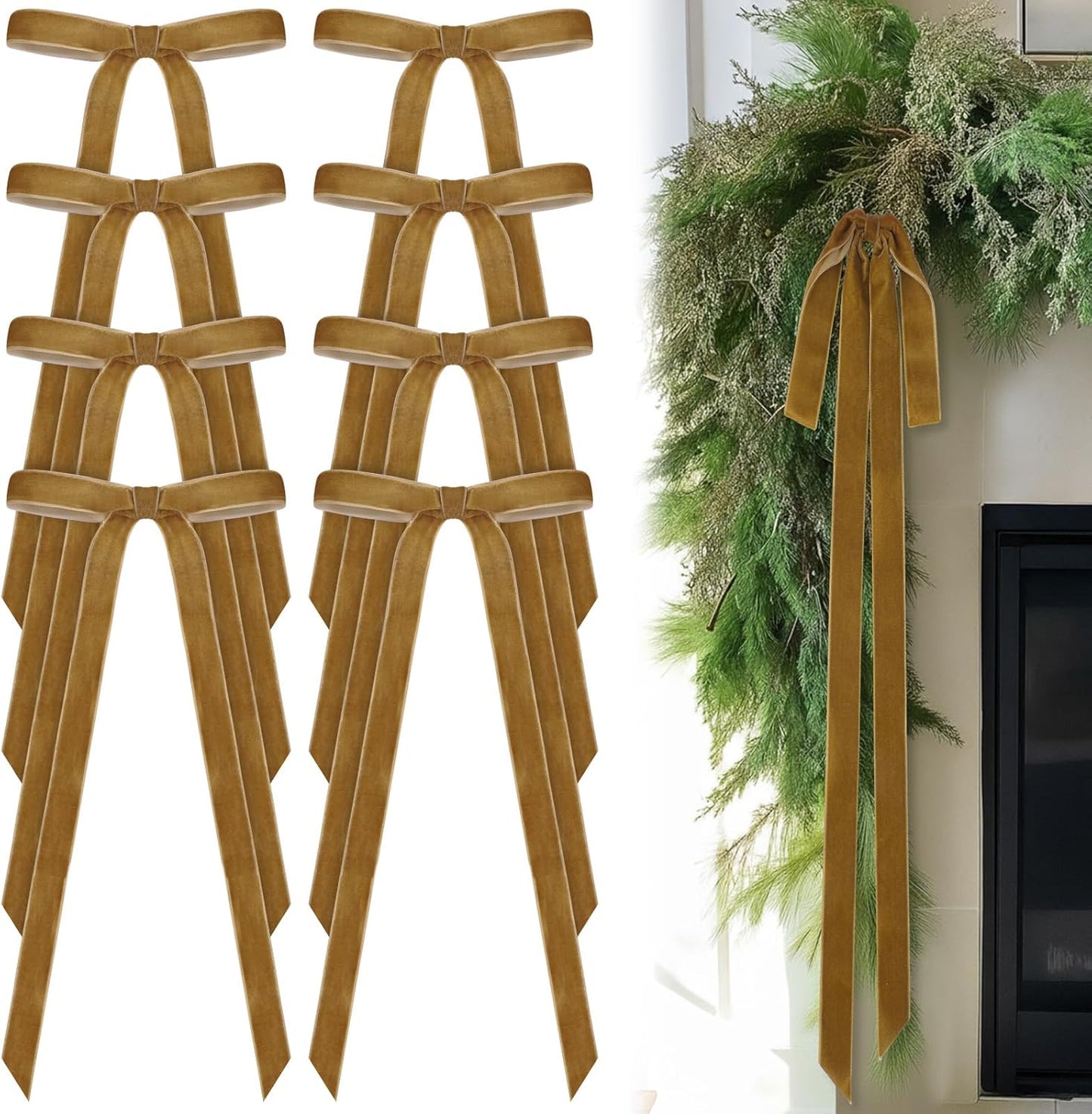 Skiennix 24 Pcs Velvet Bows - Vintage Ribbon Bows for Christmas Tree & Crafts | Khaki, 10 x 18 Inch