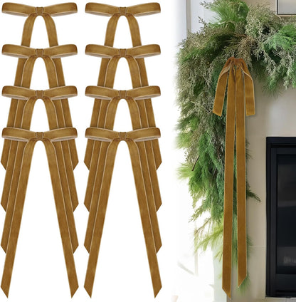 Skiennix 24 Pcs Velvet Bows - Vintage Ribbon Bows for Christmas Tree & Crafts | Khaki, 10 x 18 Inch