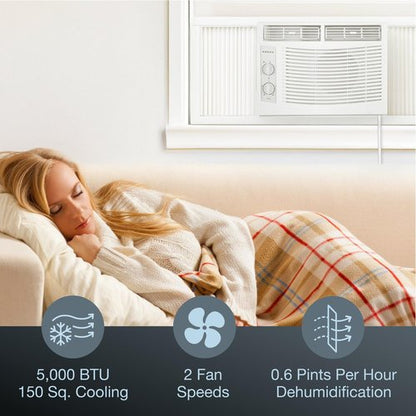 Amana 5,000 BTU Window Air Conditioner, 115V, Cools up to 150 Sq.Ft. for Bedroom, Living Room, Apartment, with Mechanical Controls, Dehumidifier, Washable Filter, 2 Fan Speeds, Auto-Restart, White