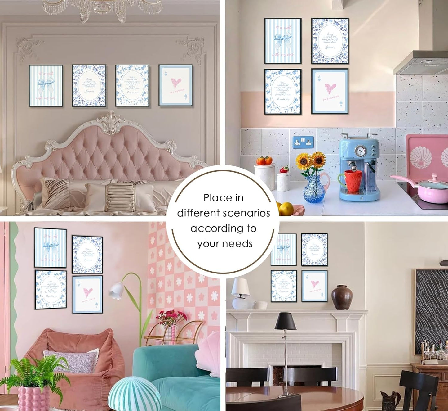 ULEGIE Coquette Blue Bow Wall Art Decor - Inspirational Bible Verses for Teen Girls | 10x8 Inch Set of 4 Unframed