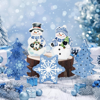 Threehoney Blue Winter Snowman Decor - 5 Pcs Cute Snowflake Table Centerpieces for Home & Office