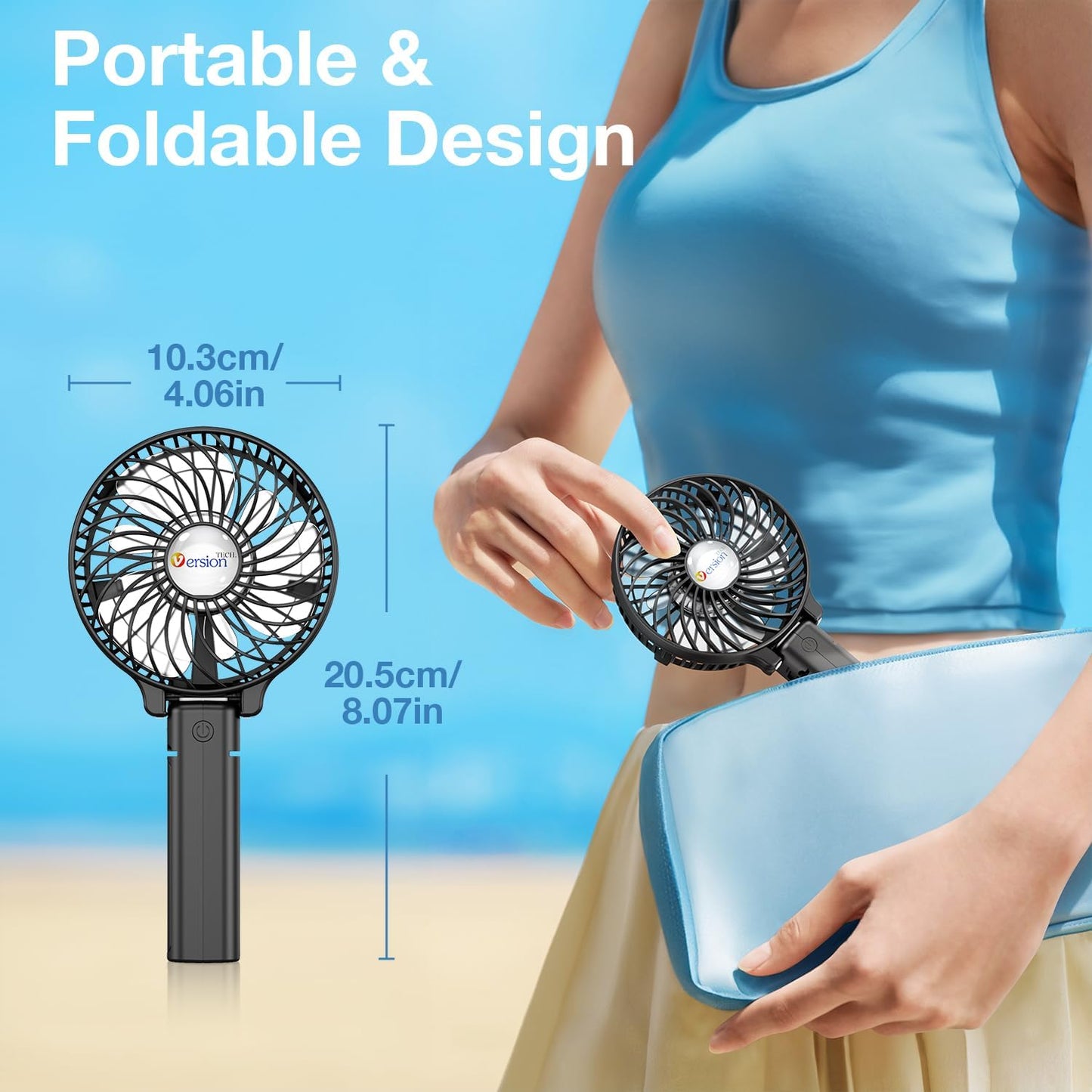 VersionTECH. Portable Handheld Fan - Powerful 4000mAh Battery | 180° Foldable Mini Table Fan in Black