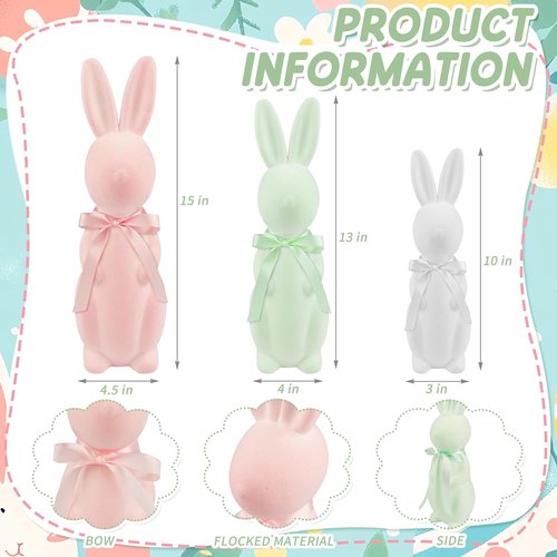 Letsroar Easter Bunny Decor Set - 3 Pack Flocked Bunnies (10", 13", 15") with Plastic Eggs & Grass | Spring Table Centerpiece