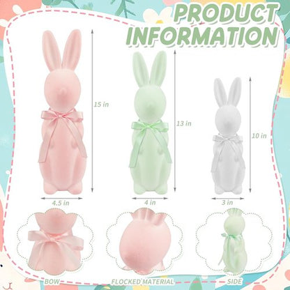 Letsroar Easter Bunny Decor Set - 3 Pack Flocked Bunnies (10", 13", 15") with Plastic Eggs & Grass | Spring Table Centerpiece