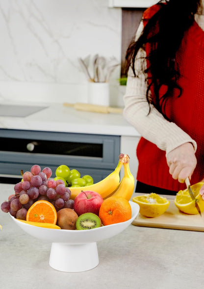 Nucookery Ceramic Fruit Bowl - Modern 10-Inch Decorative Kitchen Counter Stand | Matte White Design