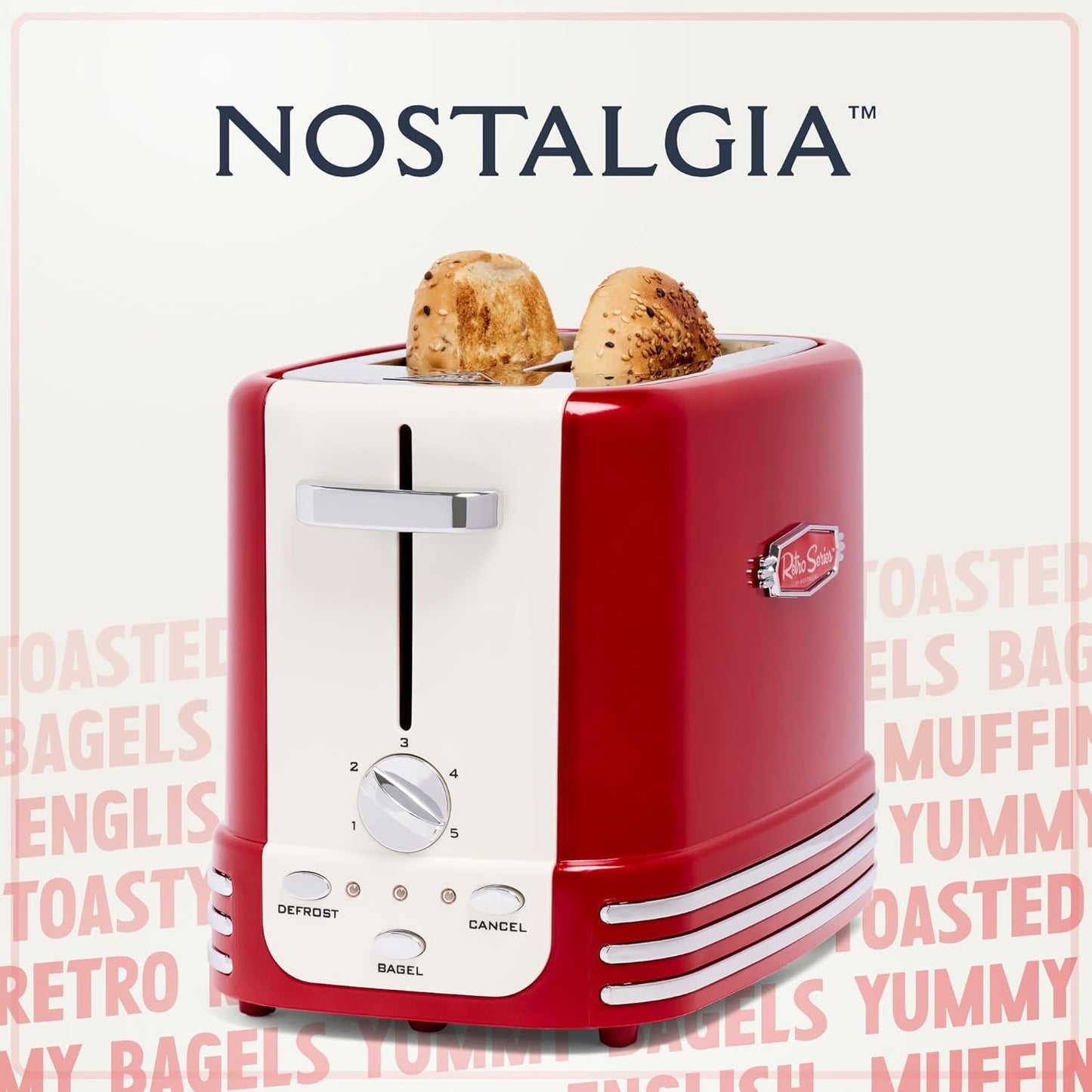 Nostalgia Retro 2-Slice Toaster - Vintage Design, Crumb Tray, 5 Toasting Levels | Red