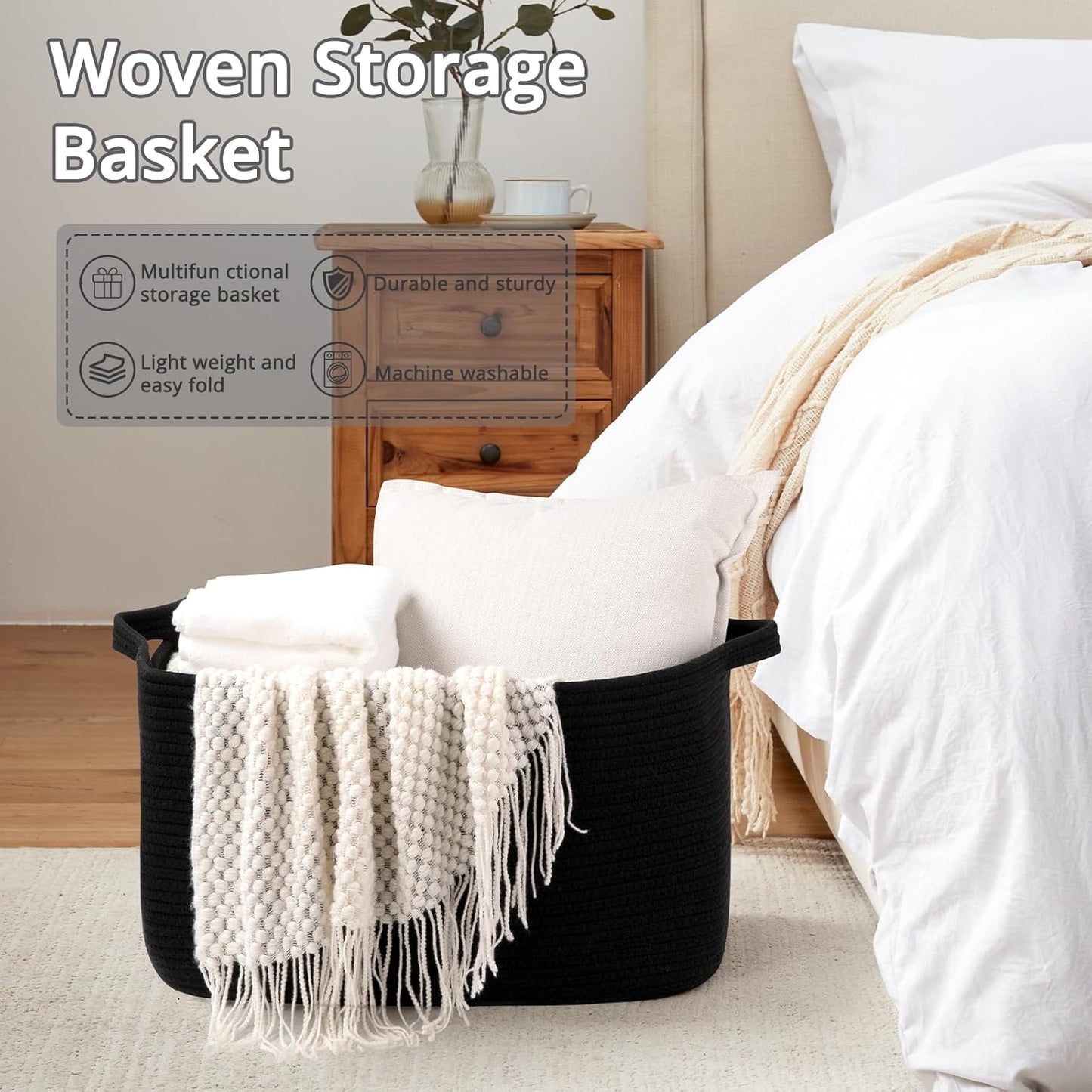 OIASKET Large Blanket Basket - Stylish Black Woven Storage for Toys, Towels & Laundry (Rectangle)