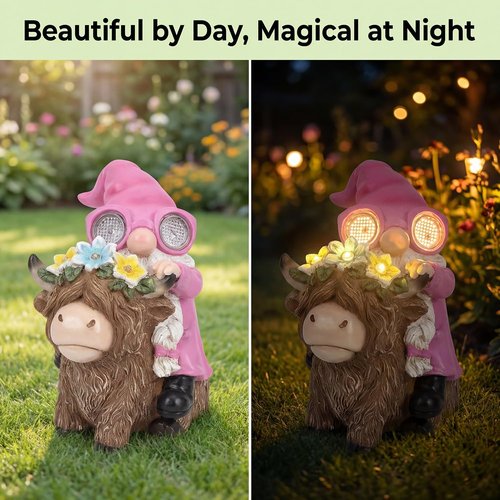 iStatue Solar Highland Cow Garden Statue - Animated LED Goggles & Moving Pixel Matrix Eyes | 8.7" Pink Resin Gnome Figurine for Mom