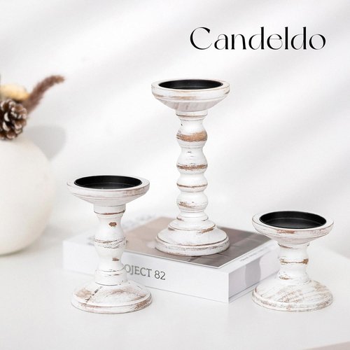 Candeldo Wood Candle Holders - Rustic Pillar Candle Holders Set of 3 | Tall Shabby Chic Decor