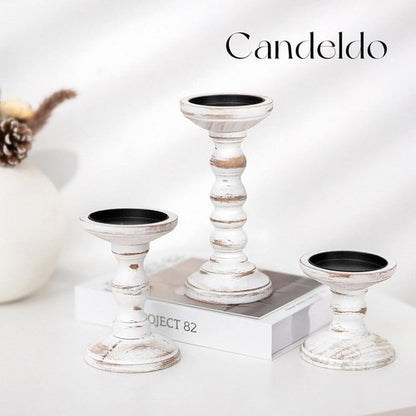 Candeldo Wood Candle Holders - Rustic Pillar Candle Holders Set of 3 | Tall Shabby Chic Decor