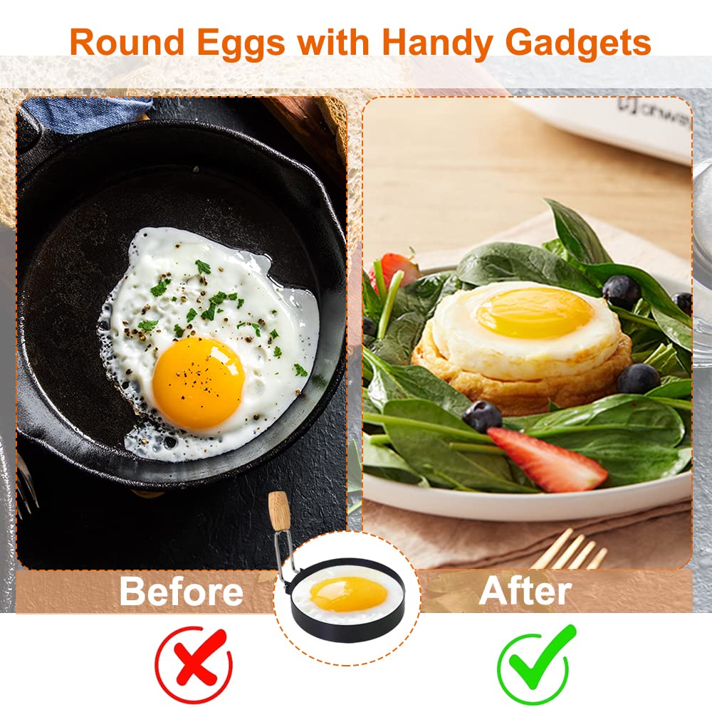 COTEY 3.5" Egg Rings Set of 4 with Wooden Handle, Large Ring for Frying Eggs, Round Mold for English Muffins - Griddle Cooking Shaper for Breakfast