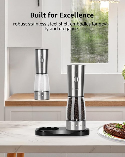 Electric Salt and Pepper Grinder Set, Large Capacity 5.3oz Salt and Pepper Grinder Set with Adjustable Coarseness, Rechargeable Stainless Steel Electric Pepper Grinder with Elegant Storage Base