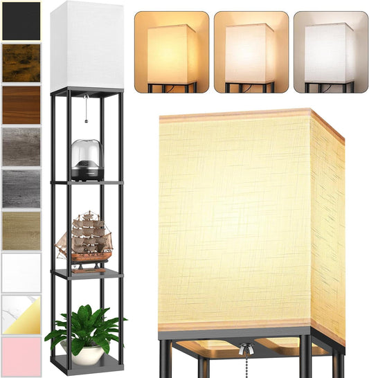 Skiennix Floor Lamp - Stylish Corner Display with 3 CCT LED Bulb & White Linen Shade | Versatile Etagere Organizer for Living Room & Bedroom