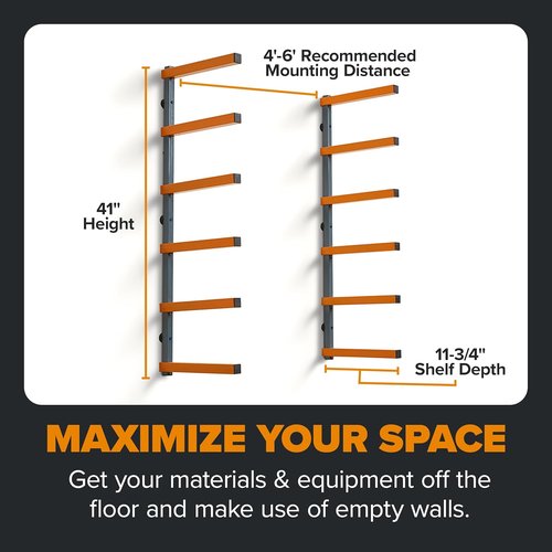 Bora | Wood Organizer & Lumber Storage Rack - 6-Level Wall Storage for Indoor/Outdoor Use, Orange PBR-001