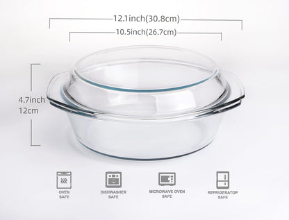 Skiennix Round Tempered Glass Casserole Dish - 3QT Oven, Freezer & Dishwasher Safe with Lid