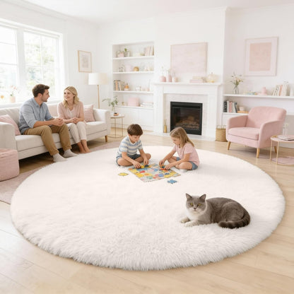OLANLY Round Ivory Area Rug - Soft, Fluffy, Machine Washable 8 ft Circle Carpet for Bedroom & Living Room
