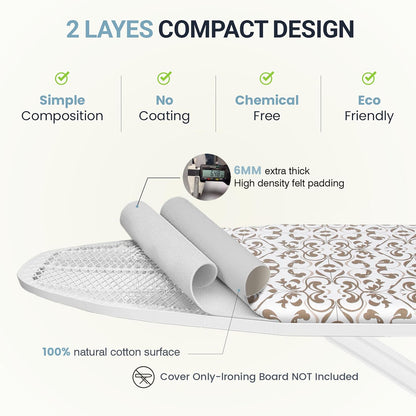 UniSimp Ironing Board Cover - Extra Thick Natural Cotton, Scorch & Stain Resistant | 18"x54" Foliage Design