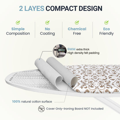 UniSimp Ironing Board Cover and Pad 18"x49" Extra Thick Natural Cotton, Scorch and Stain Resistant Iron Board Cover,Wide Ironing Board Cover with Fasteners Heavy Duty Heatproof Elastic Edge Taupe