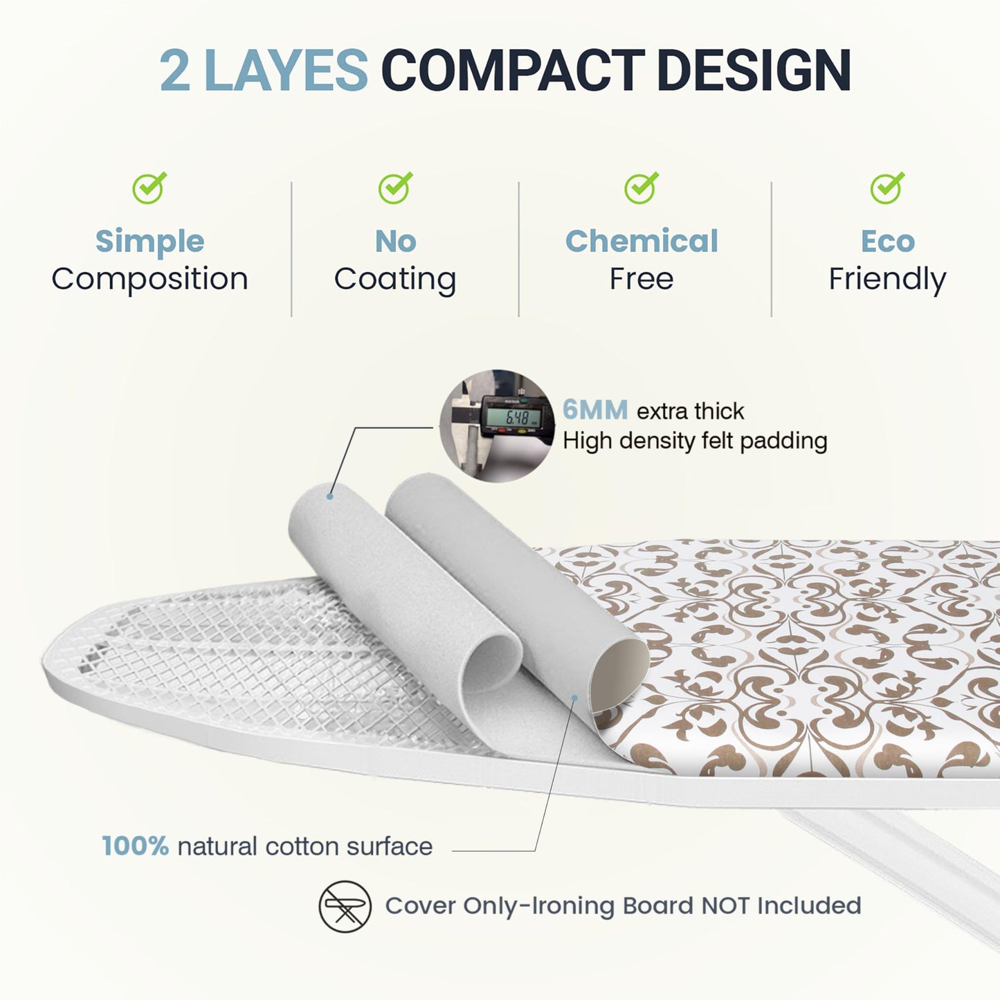 UniSimp Ironing Board Cover and Pad 18"x54" Extra Thick Natural Cotton, Scorch & Stain Resistant Iron Board Cover, Extra Large Iron Board Cover with Fasteners Heavy Duty Heatproof Elastic Edge Foliage