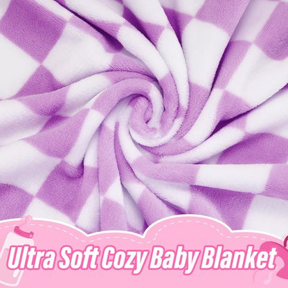 GreatBba Plush Checkered Baby Blanket for Boys Girls Nursery, 30"*40" Warm Short Fleece Blanket Neutral for Infant Newborn, Small Fuzzy for Sleeping, Chenille or Stroller (Purple&White)