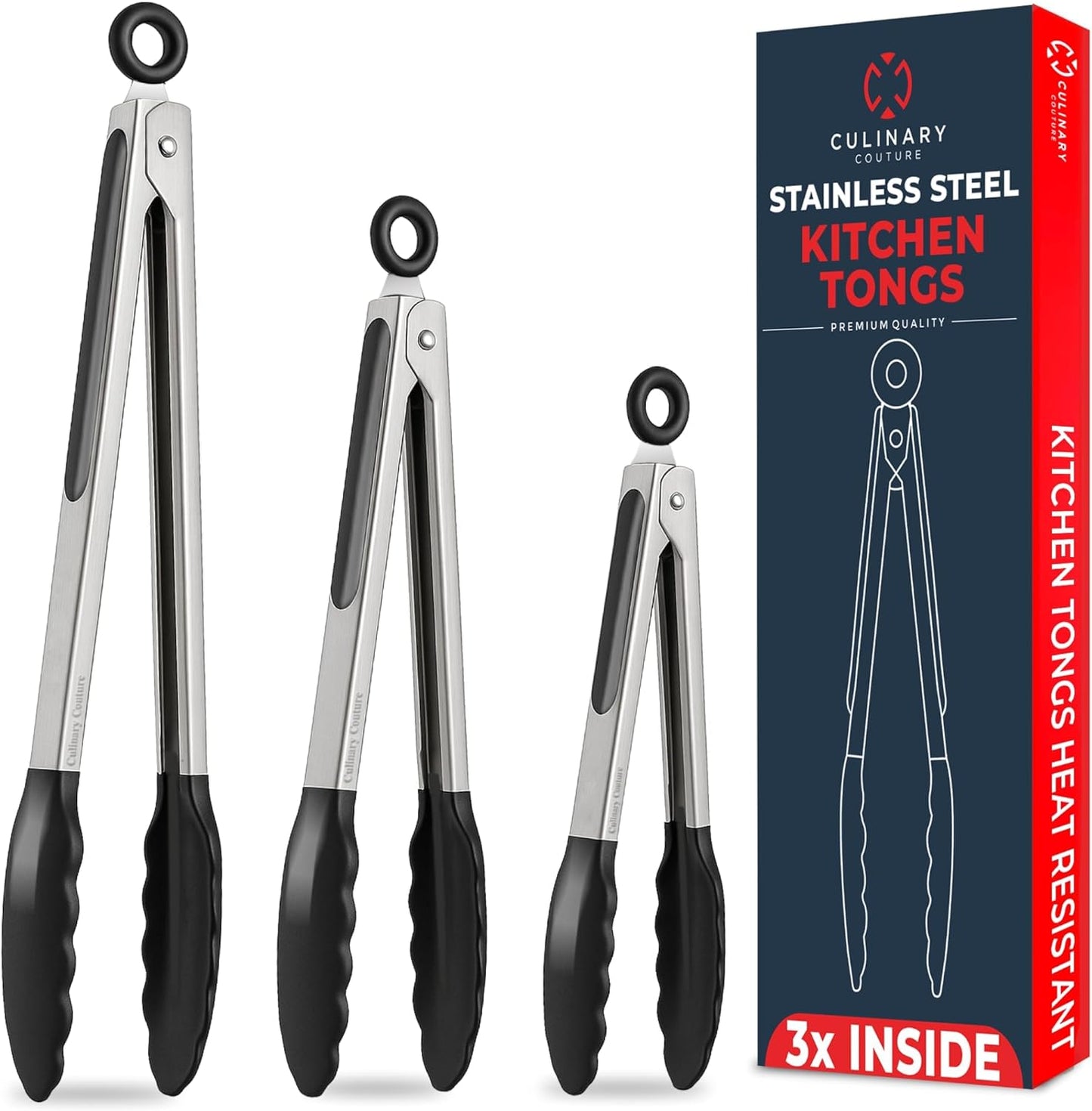 Skiennix Kitchen Tongs Set - Heat Resistant Silicone Tips | 3 Sizes: 7-Inch, 9-Inch, 12-Inch, Black