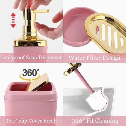 XLHOMO Bathroom Set - Elegant Pink & Gold Accessories with Shower Curtain, Rugs & Dispenser