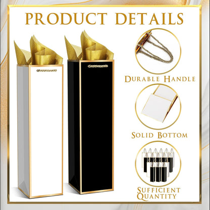 Ovveroche 50 Pack Wine Gift Bag with Handles and Tissue Paper Wine Bottle Gift Bags for Holiday Birthday Wedding Graduations Father's Day Party, Black+White