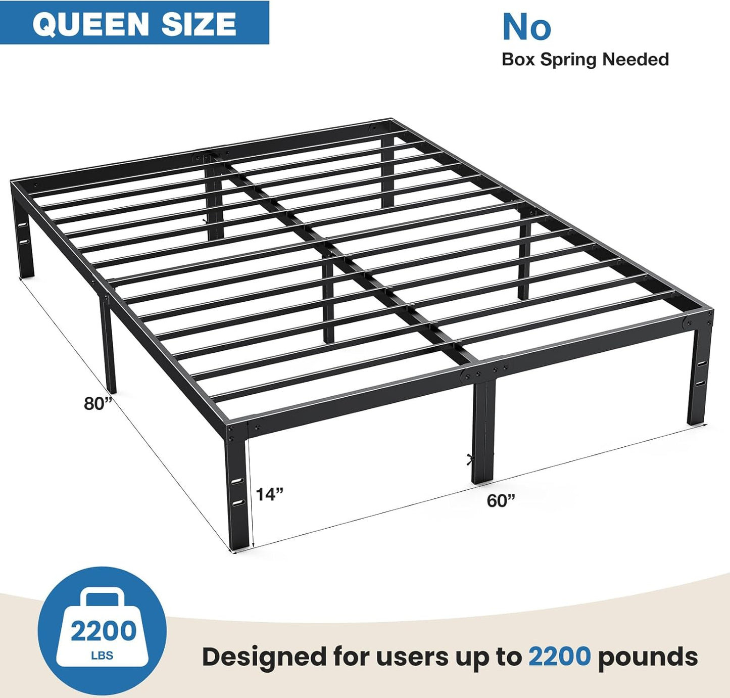OLIXIS Metal Queen Bed Frame - 14-Inch High with Storage Space & Sturdy Steel Slat Support | Heavy Duty, Easy Assembly, Black