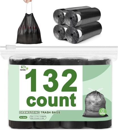 Skiennix 4 Gallon Small Trash Bags - Tear-Free Drawstring Liners for Bathroom & Home | 132 Count, Black