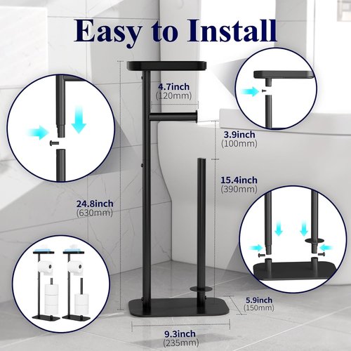 Kitsure Free Standing Toilet Paper Holder - Rustproof Metal Stand for 4 Rolls with Anti-Slip Base & Shelf | Black, Medium, 2-Pack