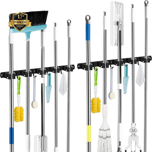 AceMining Mop and Broom Holder - 2 Pack Wall Mount Organizer with 5 Racks & 4 Heavy-Duty Hooks | Stainless Steel, Non-Slip Design for Home & Garden
