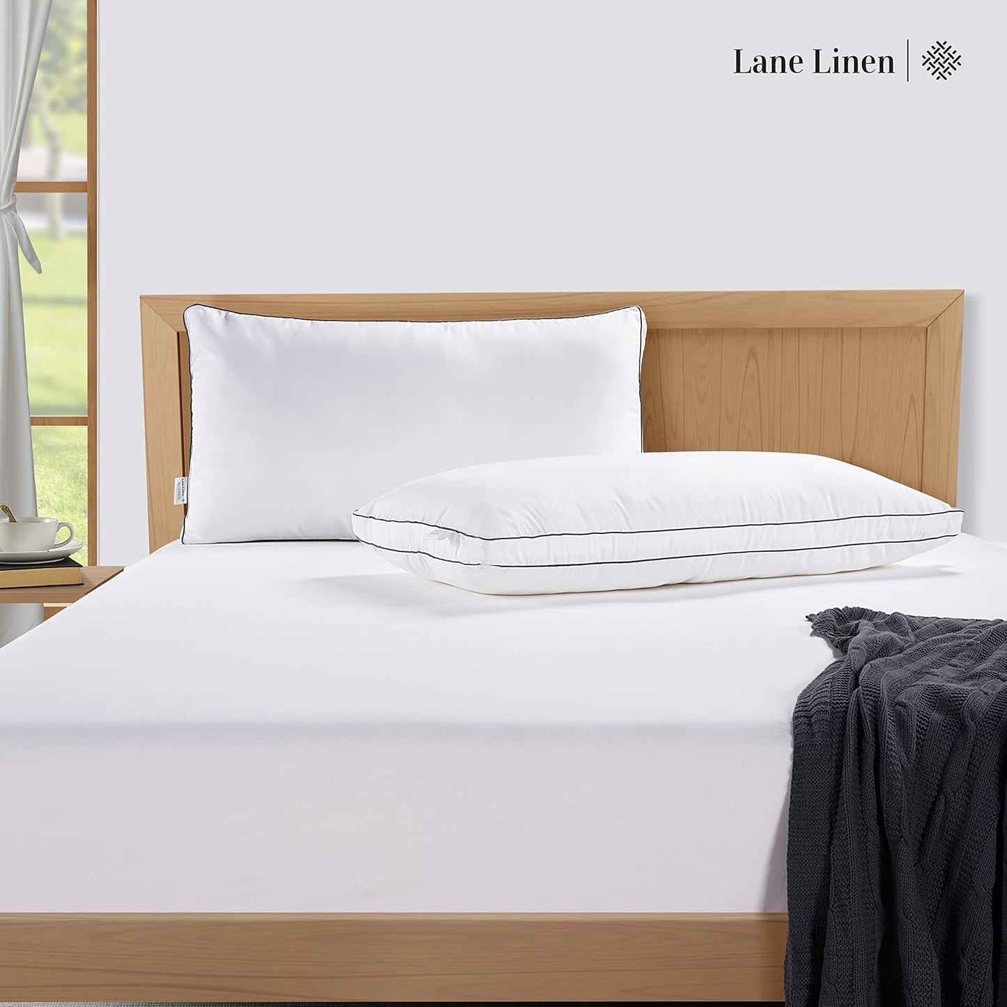 **LANE LINEN Standard Size Bed Pillows - Set of 2 Medium Soft Gusseted Down Alternative for Side Sleepers - White**