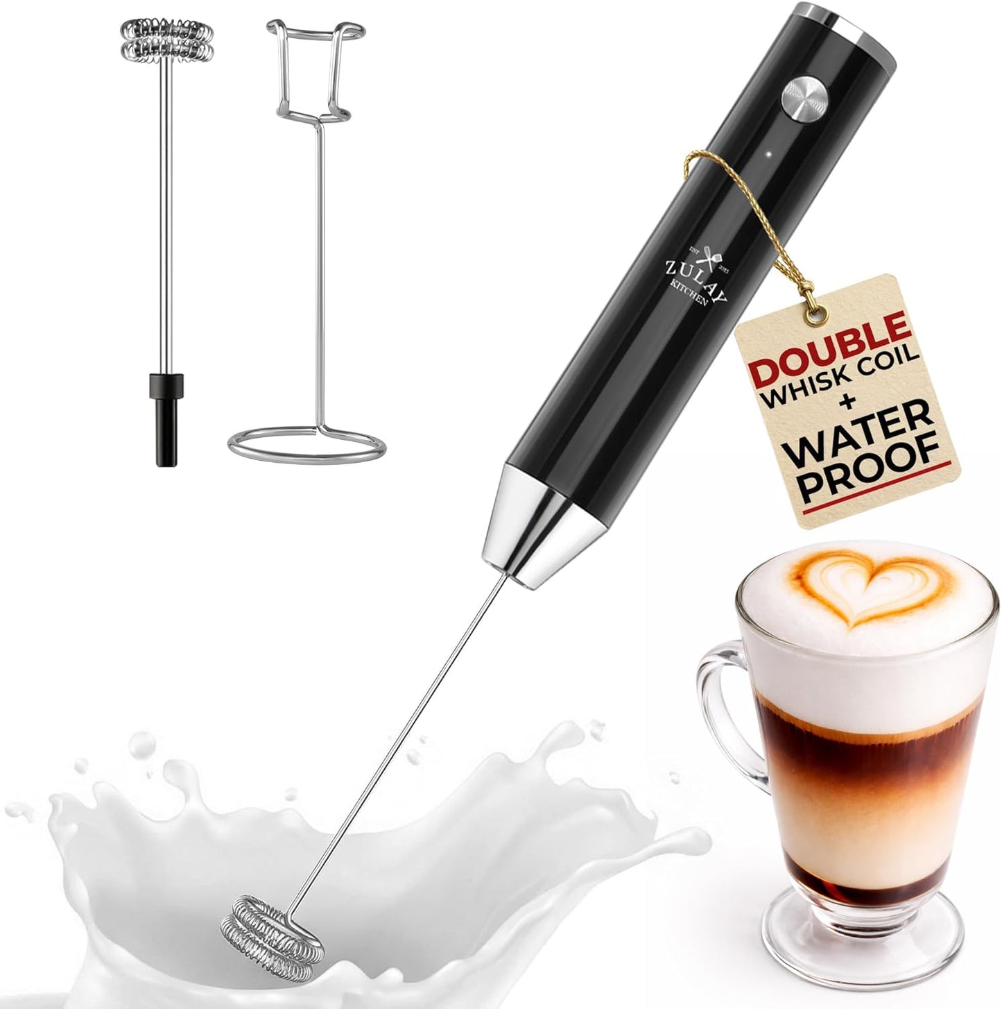 Zulay Kitchen Rechargeable Milk Frother Handheld Lux - Powerful 2-Speed Motor, Waterproof, 2000mAh Battery - Drink Mixer for Latte, Cappuccino, Matcha & Protein Powder - Obsidian Black